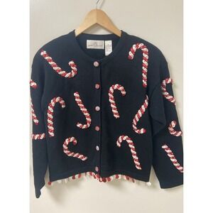 Vintage VTG Jane's Closet Sequin Candy Cane Holiday Christmas Sweater Cardigan M